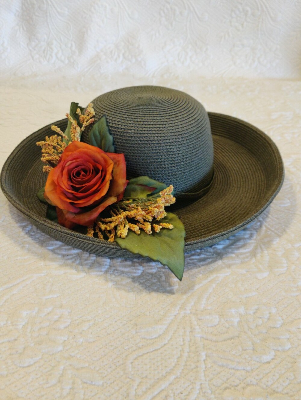 Olive Green Rusty Rose Flowered Woven Paper Sun Wide-rimmed Summer Hat One Size